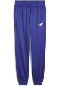 Purple athletic pants made of smooth fabric, featuring an elastic waistband, side pockets, and a small white logo on the left hip.