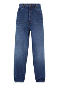 Jeans i denim i medelblått, med hög midja, raka ben, 5 fickor och subtila blekningar vid låren.