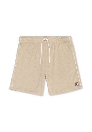 Beige Frottee-Shorts mit elastischem Bund, weißem Kordelzug, weißen Seitennähten und kleinem Fila-Logo-Patch am Saum des linken Beins.