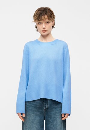 Jeune personne aux cheveux châtain clair courts, portant un pull bleu clair à manches longues et un jean ample foncé, debout devant un fond uni.