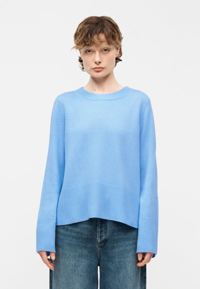 Jeune personne aux cheveux châtain clair courts, portant un pull bleu clair à manches longues et un jean ample foncé, debout devant un fond uni.