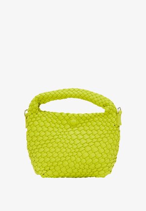 Geflochtene Handtasche aus leuchtend limonengrünem Leder. Abgerundeter Henkel und ein einziger Knopfverschluss. Texturierte Oberfläche mit einem korbartigen Muster.