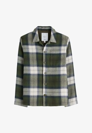 Zelená, námornícka a biela kostkovaná košeľa, vyrobená z tkaniny s vzorom rybej kosti. Obsahuje golier, zapínanie na gombíky a jednu náprsné vrecko.