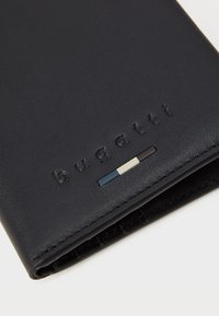 Black leather wallet features embossed "bugatti" logo, sleek design, and a color block accent with blue, white, and brown details.