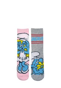 Calze con vivaci personaggi dei cartoni animati; un lato è rosa con accenti blu e uno sfondo bianco, l'altro è grigio con strisce e grafiche blu.