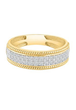 Goldener Bandring mit drei Reihen kleiner runder Diamanten in der Mitte, oben und unten von gedrehten goldenen Seildetails eingefasst.