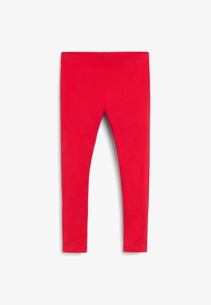 Leggings rossi realizzati in un tessuto elastico, caratterizzati da una superficie liscia e una cintura elastica, che si stringono alla caviglia senza motivi visibili.