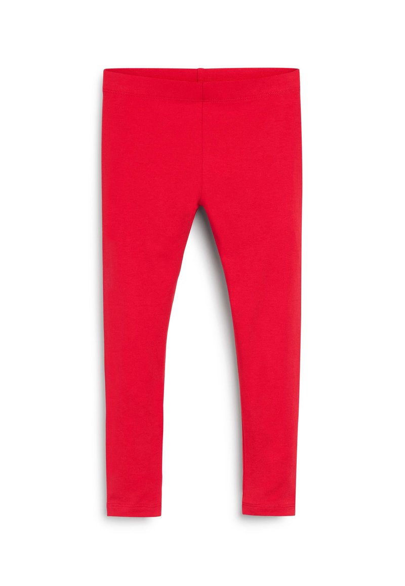 Röda leggings gjorda av elastisk textil, med en slät yta och ett elastiskt midjeband, som smalnar av vid vristerna utan märkbara mönster.