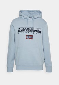 Felpa blu chiaro realizzata in morbido tessuto con tasca a marsupio. Presenta un logo stampato e la bandiera della Norvegia sul davanti. Cappuccio regolabile con cordino.