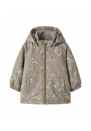 Imperméable à capuche pour enfants avec fond beige et délicat imprimé floral, fermeture éclair à l'avant, poignets élastiques et deux poches avant.
