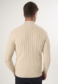 Beige Kabelstrickpullover mit erhöhten Mustern, gerippten Bündchen und Kragen. Die Textur ist weich, mit einem taillierten Design und kontrastierenden Strickdetails.