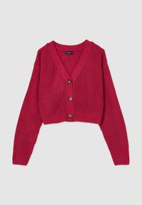 Cardigan a costine rosso con scollo a V, design accorciato, maniche lunghe e tre bottoni in legno sulla parte anteriore.
