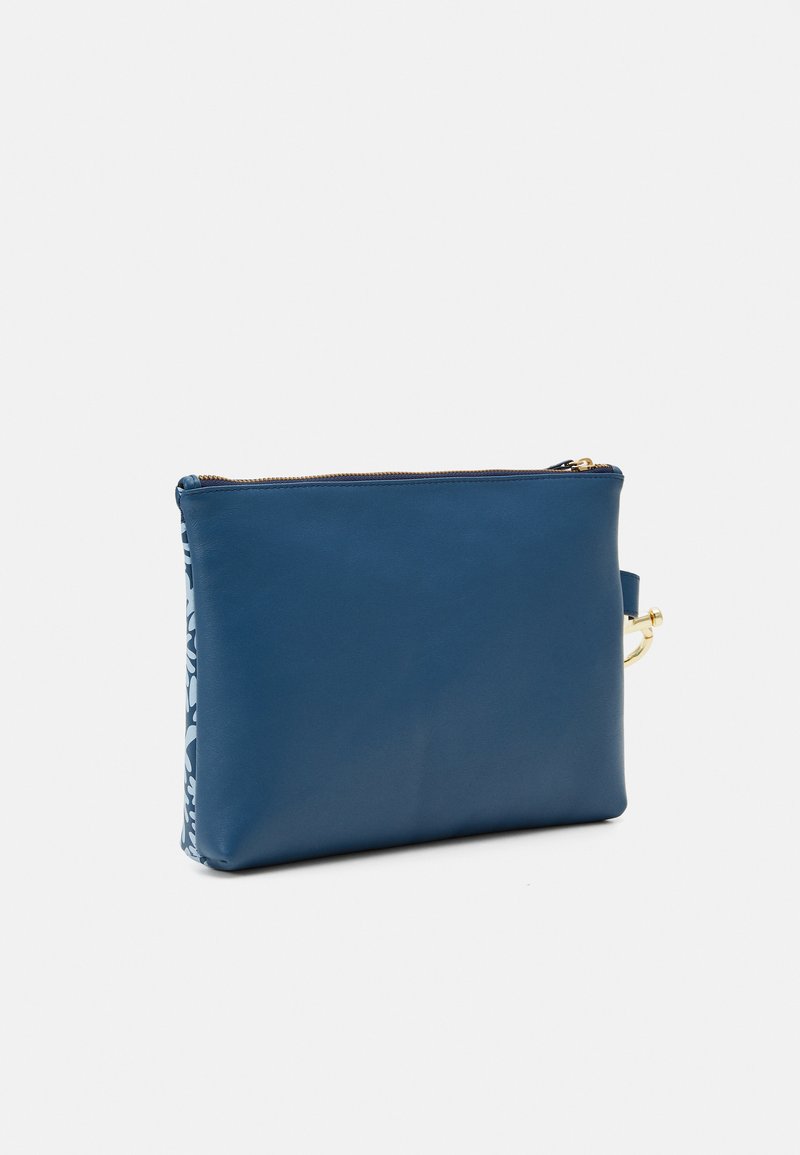 Blue leather pouch with a zip closure, featuring a floral pattern on one side and a smooth finish on the other. Gold hardware accent.