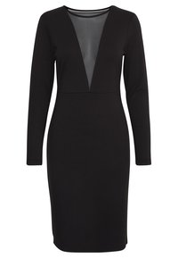 Robe noire midi à manches longues avec un décolleté en mesh transparent en V profond et une silhouette ajustée.