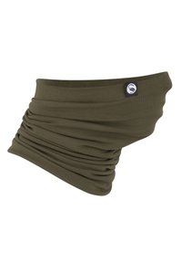 Gaiter de cou vert olive en tissu doux et extensible, avec un design froncé. Présente une petite étiquette de logo sur un côté.