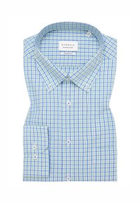 Grün-blauv kariertes Hemd aus Baumwolle. Verfügt über einen Button-Down-Kragen und doppelte Knopfmanschetten mit modernem Schnitt.