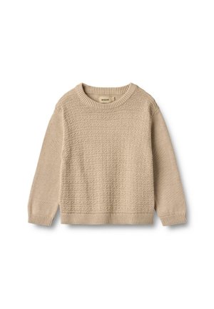 Beżowy sweter z długim rękawem, dziany, z fakturowanym przednim panelem, prążkowanym dekoltem, mankietami i dołem, rozłożony na białym tle.