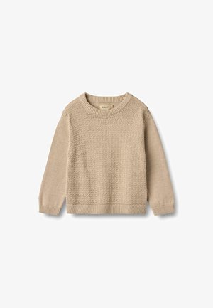 Pull beige en tricot à manches longues avec panneau avant texturé, col, poignets et ourlet côtelés, posé à plat sur un fond blanc.