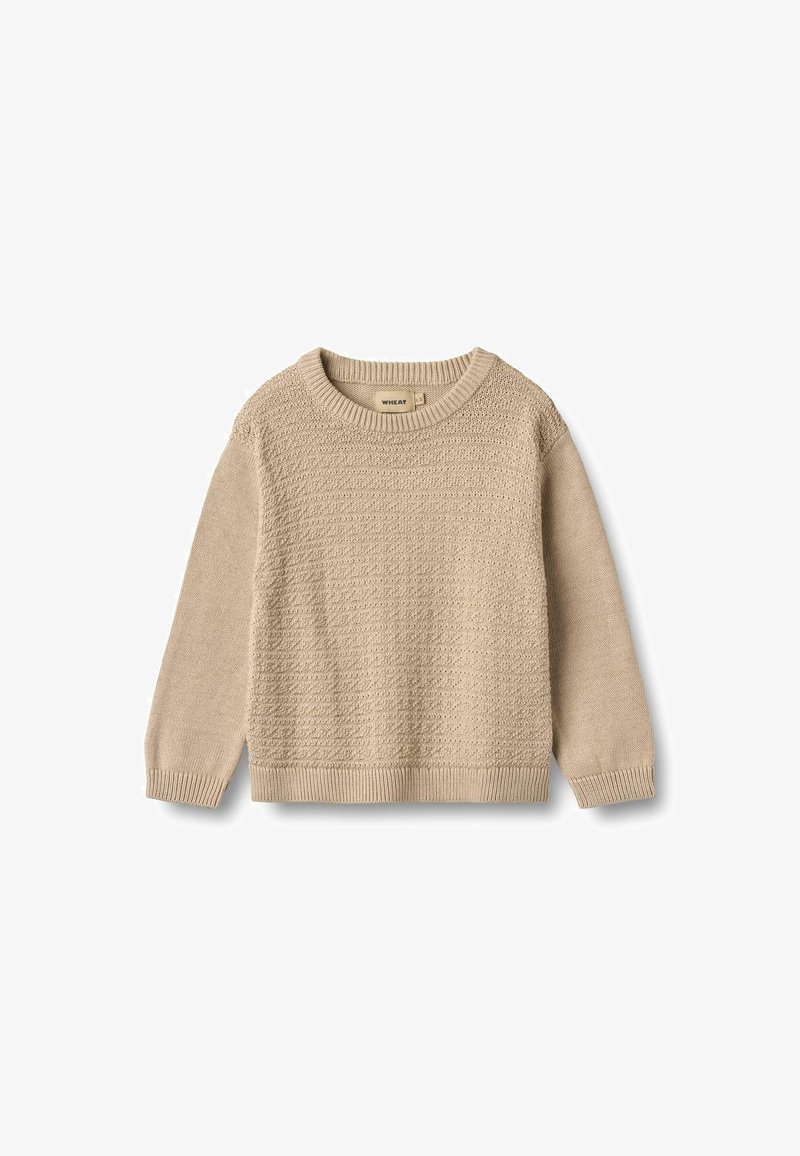 Pull beige en tricot à manches longues avec panneau avant texturé, col, poignets et ourlet côtelés, posé à plat sur un fond blanc.
