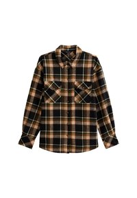 Koszula flanelowa w czarno-brązowo-zielony kratkowany wzór, z klasycznym kołnierzykiem, zapięciem na guziki oraz dwiema kieszeniami na piersiach z klapkami.