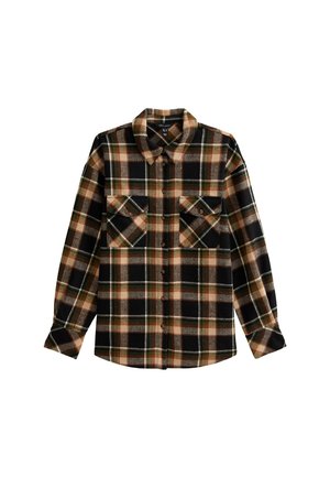 Camicia in flanella con un motivo a quadri nero, marrone e verde, colletto classico, chiusura con bottoni e due tasche sul petto con pattina.