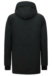 Zwarte capuchonjack met een gladde textuur, voorzien van een rechte snit, lange mouwen en verstelbare trekkoorden op de capuchon.