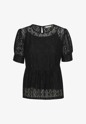 Top de encaje negro con escote redondo, mangas cortas abullonadas y cintura peplum. Detallado con un patrón geométrico y un escote en forma de lágrima en la parte posterior.