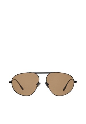 Lunettes de soleil aviateur en métal noir avec verres teintés marron et plaquettes de nez ajustables.