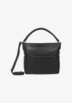 Borsa in pelle nera con finitura texture, dotata di manico superiore, tracolla rimovibile e tasca frontale. Design semplice e funzionale.