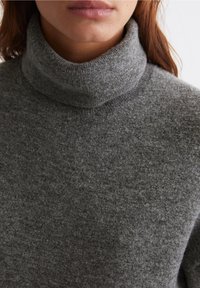 Harmaa pooloneule, valmistettu pehmeästä ja teksturoidusta materiaalista. Siinä on korkea kaulus ja kapea istuvuus, sileä neulospinta.