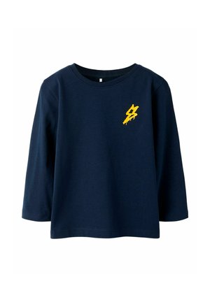 Navy blue long-sleeve t-shirt in cotton with a round neckline and yellow graphic design on the left chest, featuring a drip effect.