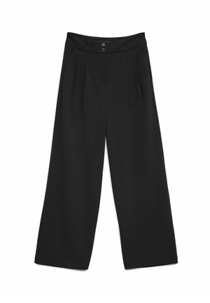 Pantalons larges taille haute noirs avec plis avant, poches latérales et fermeture à deux boutons à la taille.