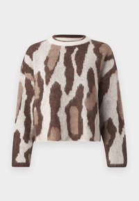 Brown and cream cropped sweater with a soft texture, featuring a leopard-like pattern and a round neckline. Long sleeves complete the design.