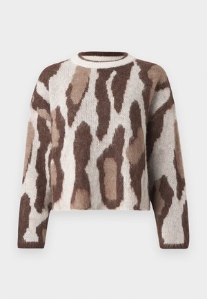 Brown and cream cropped sweater with a soft texture, featuring a leopard-like pattern and a round neckline. Long sleeves complete the design.