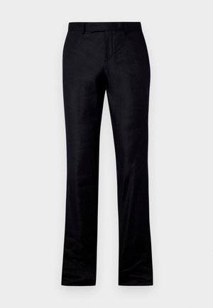 Black trousers with a straight-leg design, made from a smooth fabric. Features a flat front, belt loops, and subtle stitching details.