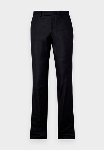 Pantalon noir avec une coupe droite, fabriqué dans un tissu lisse. Présente un devant plat, des passants de ceinture et des détails de couture subtils.