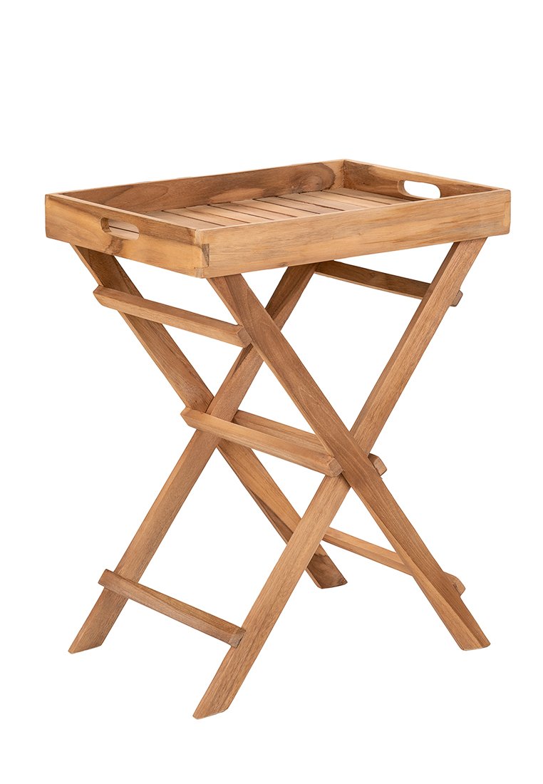 Plateau de service en bois avec un dessus rectangulaire, finition en bois naturel, poignées découpées et design de pieds en croix pliables.