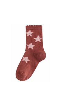Bordeauxfarbene Socken mit einem gerippten Bund, die leichte rosa Sternmuster aufweisen und eine weiche Textur haben. Einfarbig mit einem dekorativen oberen Rand.