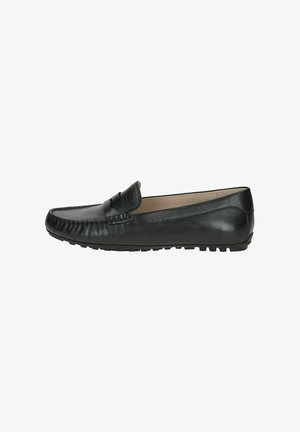 Mustad mustad nahast loafer, millel on ümar varvas, dekoratiivne püstine õmblus ääres ja tekstuuritud kummitald haardeks. Sile viimistlus, minimaalsed aksessuaarid.