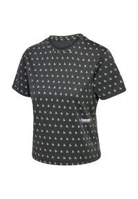 Svart sport-t-shirt med ett upprepat litet grönt mönster, rund hals, korta ärmar och en logotyp på nedre framsidan.