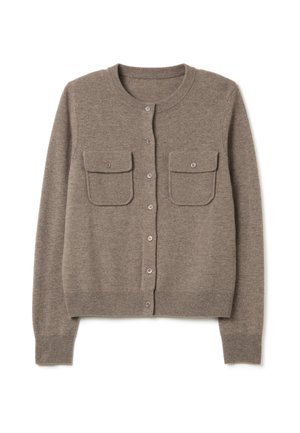 Brown wool cardigan featuring a round neck, front button closure, two chest pockets, and ribbed cuffs and hem.