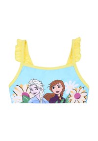 Top de baño infantil con base azul, ribete amarillo y tirantes con volantes, decorado con gráficos de personajes y diseños florales.