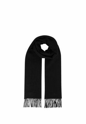 Sciarpa di lana nera piegata a forma di anello con estremità frangiate, distesa su uno sfondo bianco.