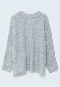 Gray knitted sweater with a loose fit, ribbed texture, wide sleeves, and a crew neckline. Finished edges are slightly raw.