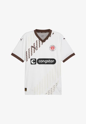 White soccer jersey with brown accents, V-neck design, featuring diagonal stripes and the logo "F.C. ST. PAULI" on the front.
