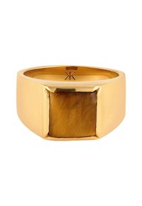 Guldtonad ring med en kvadratisk tigereye-sten bezel som är inställd i en slät band med polerad yta och minimalistiska design detaljer.