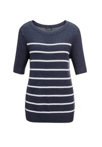 Marineblaues Kurzarm-Pullover mit weißen horizontalen Streifen, rundem Ausschnitt, gerippten Bündchen und Saum, aus einem weichen, strukturierten Stoff gefertigt.
