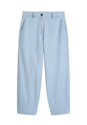 Light blue casual pants with front pockets, belt loops, button closure, and straight legs.