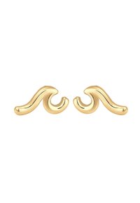 Gold metal earrings shaped like stylized waves, featuring a smooth, glossy finish with curved lines and pronounced detailing.