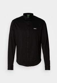 Black long-sleeve shirt with a button-down collar, made of soft fabric, featuring a white embroidered logo on the left chest.